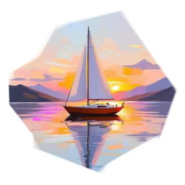 A wooden sailboat with a polished hull is gently rocking on calm waters of a lake during sunset. The sailboat has white sails billowing softly in the light evening breeze. Reflections of the vibrant orange and pink hues from the sunset ripple across the surface of the lake. Silhouettes of distant mountains frame the background, while a few wispy clouds are painted in soft pastel colors above. The scene conveys a peaceful atmosphere, with the gentle motion of the boat and the warm glow of the setting sun.
