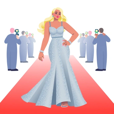A celebrity with long, flowing blonde hair is posing confidently on the red carpet. She is wearing a dazzling floor-length gown made of shimmering silver fabric, adorned with intricate beadwork that catches the light. The dress has a fitted bodice and a dramatic skirt that billows out around her feet. Her makeup is expertly applied, featuring a bold red lip and smoky eyes. She is accessorized with sparkling diamond earrings and a matching bracelet. In the background, the red carpet is framed by a row of flashing cameras from photographers eagerly capturing her moment.