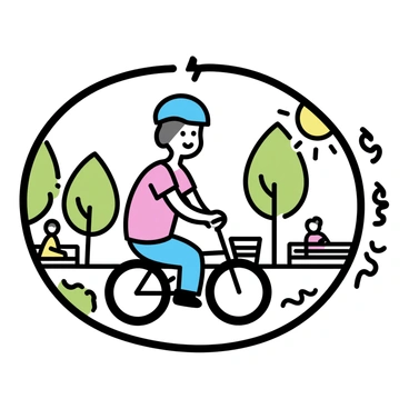 A simple round frame encircles an image of a person riding a bicycle. The person is wearing a blue helmet and a red t-shirt, pedaling along a path in a park. Various green trees and grassy areas surround the path, with a few people sitting on benches in the background. The sun is shining brightly, creating a warm atmosphere in the park setting.
