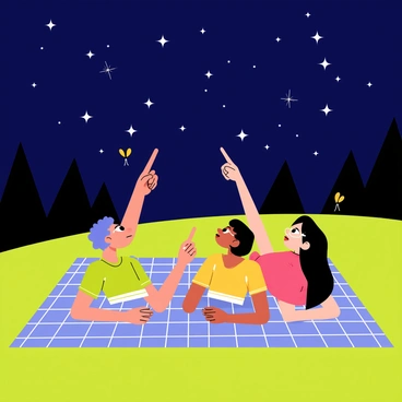 A group of three friends lying on a blue checkered blanket spread across a grassy field. The friends are looking up at a dark blue summer sky filled with bright white stars. One friend has short curly hair and is wearing a green t-shirt, another is wearing glasses and a yellow tank top, while the third friend has long straight hair and is in a red dress. They are all pointing toward different constellations, with their arms extended. A few fireflies are glowing softly around them, adding a warm touch to the scene. The landscape is dotted with silhouettes of trees in the background.