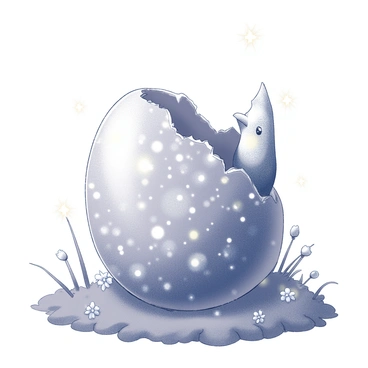 A large, intricately designed egg sits in a bed of soft moss. The egg is covered in sparkling jewel-like facets that catch and reflect light, creating a dazzling effect. The shell begins to crack, with pieces of it falling away. Emerging from the egg is a fantastical bird, with delicate feathers that have an intricate pattern. The bird appears youthful and vibrant, with its beak slightly open as it pushes through the last remnants of the shell. Surrounding the egg are glimmers of light and small, delicate flowers that add to the magical atmosphere of the scene.