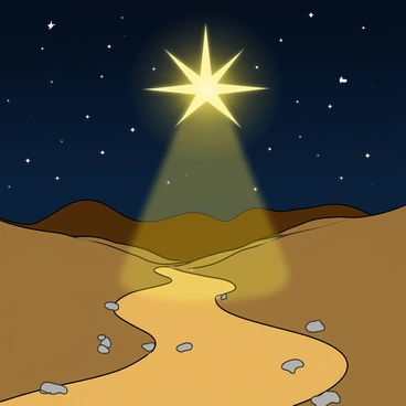 A close-up view of a bright, shining star in a dark night sky, radiating soft golden light. The star's light creates a gentle glow that illuminates a winding path below. The path is dusty and appears well-traveled, leading towards a distant silhouette of Bethlehem. In the foreground, small rocks and pebbles line the edges of the path, while the background shows hints of rolling hills beneath the starry sky.
