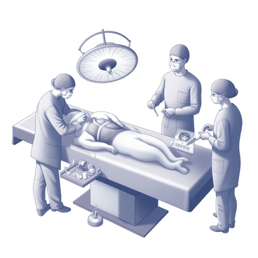 A surgical scene depicting a medical procedure to unblock a clogged artery. The focus is on a patient lying on a sterile operating table, with several medical professionals gathered around. One doctor is positioned with gloved hands holding surgical instruments, while another monitors equipment nearby, including a heart rate monitor displaying vital signs. The patient's chest is open, revealing the heart and arteries. Surgical lights cast harsh shadows, emphasizing the precision of the procedure. Various medical tools are neatly arranged on a tray, adding to the clinical atmosphere of the room.