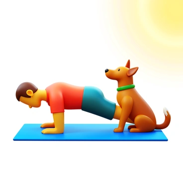 A person performing a pike push-up on a yoga mat. The individual has an athletic build and is focused on their exercise. Beside them, a playful dog with a shiny coat is sitting, looking up at the person with an eager expression. The dog's tail is wagging, and its ears are perked up. Sunlight is streaming through a nearby window, creating a warm atmosphere in the room.