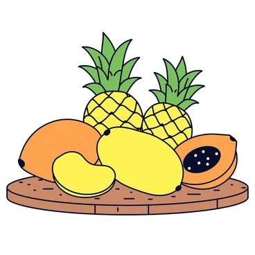 A vibrant arrangement of tropical fruits including ripe yellow mangoes, spiky green pineapples, and orange papayas. The mangoes are placed in the front, showcasing their smooth, shiny skins. The pineapples stand tall with their leafy tops, while the papayas are sliced in half to reveal their bright orange flesh and black seeds. The fruits are displayed on a rustic wooden table with visible grain patterns and a warm tone.