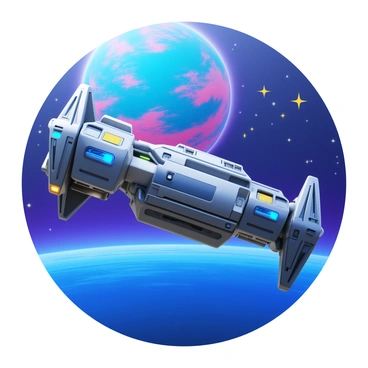 A futuristic space station with sleek, metallic structures and glowing lights. The station has multiple modules connected by illuminated corridors. In the background, a distant planet with vibrant colors and swirling clouds is visible. The planet's surface displays large landmasses and deep blue oceans. Stars twinkle in the vastness of space, adding depth to the scene.