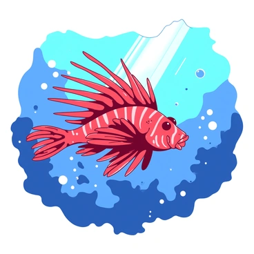 A vibrant red lionfish is swimming gracefully underwater, its long, flowing fins elegantly spread out. A bright beam of sunlight penetrates the surface of the water, illuminating the lionfish and creating a shimmering effect around it. The surrounding water is a beautiful blend of various shades, enhancing the contrast between the lionfish and its environment. Tiny bubbles are rising around the fish, completing the tranquil underwater scene.