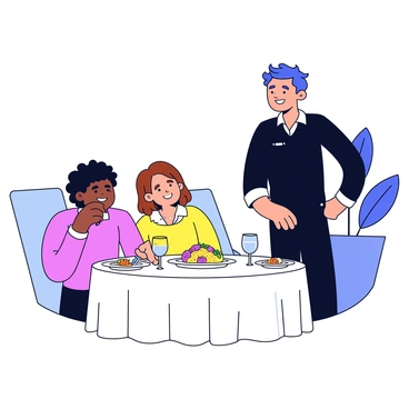 A waiter with a neat black uniform is standing beside a round dining table. The table is elegantly set with white tablecloth, sparkling glassware, and silver cutlery. A couple is seated at the table, both smiling and looking at the waiter. The dish being served is a vibrant plate of pasta garnished with fresh herbs and colorful vegetables. The restaurant has soft lighting, creating a warm atmosphere. A decorative plant is placed in the background, adding a touch of greenery to the scene.