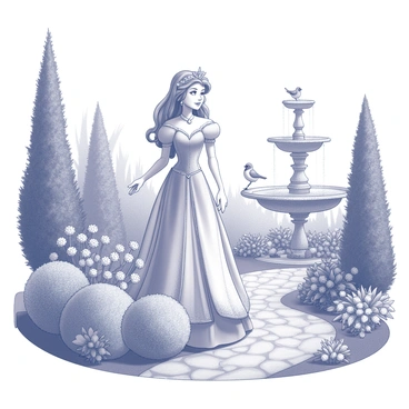 A fairy tale princess standing gracefully in a lush garden abundant with various plants and flowers. She is wearing an elegant gown that flows to the ground, featuring intricate details and embellishments. The princess has long, flowing hair adorned with delicate floral accents. Surrounding her are tall, verdant bushes and blooming flowers in various shapes and sizes, creating a vibrant atmosphere. There are winding paths leading deeper into the garden, lined with small, ornate stones. Birds are perched on low-hanging branches, adding life to the serene setting. In the distance, a majestic fountain can be seen, with water gently flowing, surrounded by exotic plants.