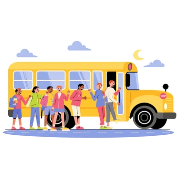A group of excited schoolchildren with colorful backpacks is gathered around a bright yellow school bus. The children are laughing and chatting, displaying a range of emotions from joy to anticipation. Some children have their hands raised as they eagerly prepare to board the bus. The scene is set in a schoolyard with a clear blue sky and a few trees in the background, enhancing the morning atmosphere. The school bus has large windows and a stop sign extended on the side, indicating it is ready for the day's journey.
