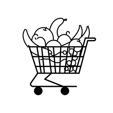 A shopping cart is filled to the brim with an assortment of various fruits. There are apples, bananas, oranges, and grapes, all arranged neatly within the cart. The apples are shiny with smooth surfaces, and the bananas have a gentle curve. The oranges are round and textured, while the grapes are clustered together, showcasing their individual round shapes. The shopping cart has a metal frame with a wire mesh base, and the wheels are visible, suggesting it is ready to be pushed.