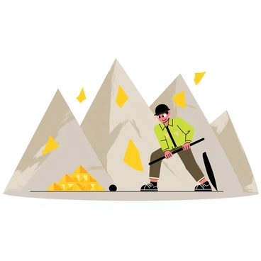 A miner with a sturdy helmet and a pickaxe is chiseling away at a rocky mountain. The mountain has jagged edges and is textured with various shades of gray and brown. Bright flashes of golden ore can be seen embedded within the rocks as the miner collects them. Small piles of shimmering ore are gathered on the ground beside the miner. The miner's clothing is rugged, showcasing the labor-intensive nature of the work. In the background, more rocky terrain extends into the distance, illustrating the vastness of the mining area.