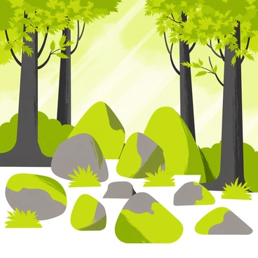 A collection of irregularly shaped rocks covered in lush green moss is scattered on the forest floor. The rocks vary in size, some small and rounded, while others are large and jagged. Tall trees with thick trunks and dense foliage rise around the rocks, their leaves forming a rich canopy above. Sunlight filters through the branches, creating dappled light on the ground. The scene is filled with a variety of shades of green, highlighting the vibrancy of the forest environment.