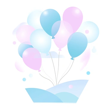 A colorful sky with a gradient of pastel colors is filled with balloons shaped like "KitKat" bars. The balloons float gently, scattering light with their shiny surfaces. Below the balloons, a bright landscape with rolling hills can be seen. The atmosphere is cheerful and vibrant, enhanced by the soft colors of the sky and the playful shapes of the balloons.