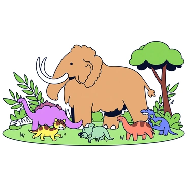 A large woolly mammoth with long curved tusks is standing in a lush green landscape filled with ferns and tall grasses. Surrounding the mammoth are various prehistoric animals, including a friendly saber-toothed cat with sharp teeth, a small group of agile dinosaurs with feathered tails, and a gentle giant ground sloth munching on leaves from a nearby tree. The scene conveys a sense of harmony among the animals in this prehistoric environment.