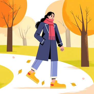 A beautiful woman with long, flowing hair is wearing a stylish navy blue coat and a vibrant red scarf. She is walking confidently along a path in a park, surrounded by a blanket of orange, yellow, and brown autumn leaves. Sunlight filters through the trees, casting dappled shadows on the ground. A few leaves are gently falling around her as she strolls, creating a picturesque scene of autumn beauty.