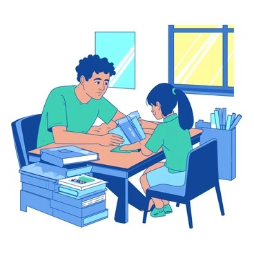 A teal volunteer is sitting at a wooden desk, focusing intently on a young student who is sitting across from them. The student is flipping through a colorful book while looking interested and engaged. Surrounding the desk are stacks of various books in shades of blue, alongside an assortment of art supplies, including markers, paint tubes, and sketch pads. Sunlight streams in through a nearby window, illuminating the scene with a warm glow.