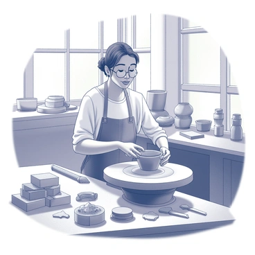A potter is shaping a piece of clay on a potter's wheel in a bright studio. The potter has focused, determined expression, and their hands are covered with wet clay. Surrounding them are various tools like sculpting knives and a sponge. Piles of recycled ceramic shards are placed nearby, showcasing the material being used for crafting. Sunlight streams through large windows, casting shadows on the wooden workbench filled with unfinished pottery pieces.