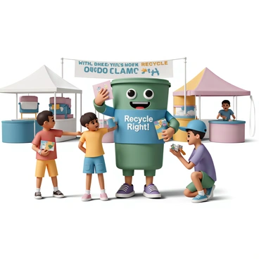 A friendly mascot character, resembling a cartoonish green recycling bin with big eyes and a wide smile, stands at the center of a community event. The mascot is wearing a bright blue shirt with the words "Recycle Right!" printed in white letters across the front. Surrounding the mascot are four excited children, each holding colorful brochures about recycling. One child, wearing a red t-shirt and denim shorts, is pointing at the mascot while laughing. Another child, dressed in a yellow dress with pink sneakers, is reaching out to give the mascot a high-five. A boy in a blue cap and orange t-shirt is crouching down to look closely at the recycling bin mascot, while a girl in a purple shirt and green shorts clutches a small recycling toy. The background features a banner urging people to recycle and several colorful booths set up for the event.