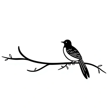 A lone mockingbird with intricate feather patterns perched gracefully on a thin, gnarled branch. The branch has a few leaves scattered along its length, providing a sense of nature. The background features a vast expanse of "sky" with subtle variations representing clouds. The mockingbird appears to be in a relaxed position, showcasing its detailed wings and tail feathers, while the branch extends horizontally across the scene.