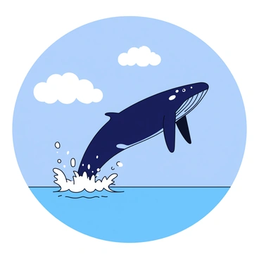 A massive whale breaching the ocean surface, creating a large splash of water droplets around it. The whale's body is dark blue with lighter spots, contrasting against the vibrant turquoise of the ocean. Above, the sky is clear and bright blue, with a few fluffy white clouds scattered throughout. The scene captures the moment of the whale's ascent, showcasing the power and grace of its movement.