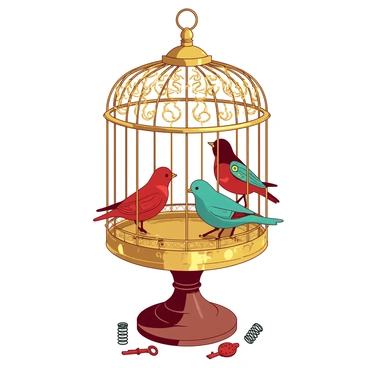 An ornate birdcage is made of intricate golden filigree, displaying delicate patterns throughout its structure. Inside the birdcage, there are tiny clockwork birds, each one painted in vibrant colors of red and teal. The birds are detailed with tiny gears and cogs visible through transparent panels on their bodies, showcasing their mechanical nature. The cage is elevated on a small, round wooden pedestal, and there are tiny springs and winding keys scattered on the base of the pedestal. Soft light glimmers off the golden filigree, creating a warm ambiance around the delicate scene.
