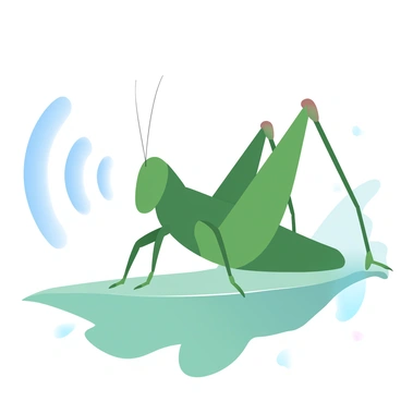 A close-up view of a grasshopper perched on a green leaf. The grasshopper’s legs are raised slightly, showcasing the texture and segmentation. One of the back legs is positioned against the body, demonstrating the motion involved in sound production. Sound waves emanate from the legs in visible ripples, creating a sense of motion and highlighting the process of sound generation. The background consists of soft green foliage, enhancing the focus on the grasshopper and its legs.