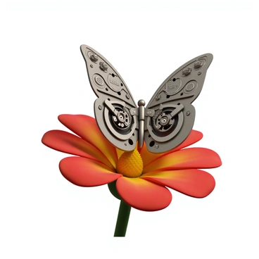 A mechanical butterfly with intricate metal wings that have detailed engravings. The butterfly's body is composed of visible clockwork gears and springs, showcasing its mechanisms. It is delicately resting on a vibrant flower with bright petals, contrasting with the metallic sheen of the butterfly. The scene captures the harmony between nature and technology, highlighting the delicate balance of the butterfly on the soft surface of the flower.