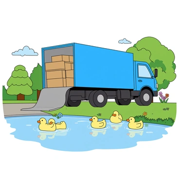 A large moving truck with a bright blue exterior is parked near a cozy riverside. The truck's rear door is open, revealing a collection of cardboard boxes and furniture being unloaded. Next to the truck, a family of fluffy yellow ducks is swimming happily in the clear water, with their reflections visible on the surface. The riverside features lush green grass and a few colorful wildflowers, creating a vibrant scene. In the background, there are trees with lush foliage, adding to the serene atmosphere. A few clouds float lazily in the sky, completing the picturesque setting.