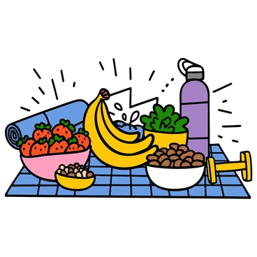 A vibrant table set with an assortment of healthy foods, including colorful fruits like strawberries, bananas, and blueberries, as well as bowls of mixed nuts and a green salad. Next to the food, there are exercise gear items, including a bright blue yoga mat, a purple water bottle, and a pair of yellow dumbbells. The tablecloth is a cheerful checkered pattern, and sunlight streams in, highlighting the freshness of the foods and the equipment.