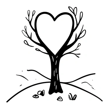 A lone tree standing prominently on a gentle hill. Its branches arch gracefully, forming the silhouette of a heart at the top. The trunk is thick and sturdy, showing signs of age with intricate textures. Surrounding the tree are a few scattered rocks and blades of grass, adding to the natural setting. The background features a subtle gradient of lines suggesting a distant horizon.