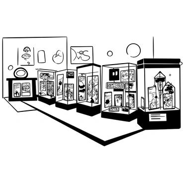 An interior view of a museum exhibit featuring several glass display cases arranged in a row. Inside each case, various rare and vintage comic books are showcased, their covers visible. The cases are illuminated from above, highlighting the intricate artwork on the comic book covers. There are informational plaques next to each case detailing the history and significance of the comics. The floor is polished, and the walls of the exhibit are decorated with artwork related to comic book themes.