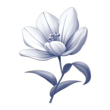 A detailed flower with intricate petals and sweeping leaves is positioned in the center of the image. The petals are elegantly shaped, showcasing a variety of textures and patterns. The leaves are arranged around the flower, featuring fine veins. The overall design is enhanced by a shimmering effect surrounding the flower, highlighting its delicate features and creating an impression of depth. The flower is rendered in a monochrome style, emphasizing its intricate details and design without the use of color.