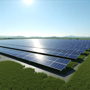 A vast solar panel farm featuring rows of shining solar panels, arranged neatly on the ground. The panels are reflecting bright sunlight, creating a glimmering effect across the surface. In the background, a clear blue sky is visible, devoid of any clouds. The landscape is flat, with patches of green grass surrounding the solar panels, emphasizing the connection to nature. A few distant hills can be seen on the horizon, providing a backdrop to the scene. The overall composition highlights the theme of renewable energy with a focus on sustainability.