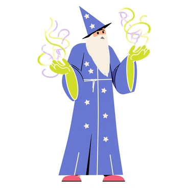 A wizard wearing a long, flowing blue robe adorned with silver stars stands at the center of the image. Their raised hands emit vibrant green and purple magical energy, swirling in intricate patterns. Surrounding the wizard, delicate tendrils of smoke weave in and out, forming elaborate shapes and spirals. The wizard has a long, white beard and a pointed hat, which complements their mystical appearance. The background features hints of glowing celestial elements, creating an atmosphere of enchantment.