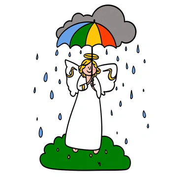 An angel with light skin and flowing blonde hair is standing gracefully, holding a vibrant, multicolored umbrella above their head. The angel is wearing a white flowing robe with golden accents, and has large, feathery wings spread wide. The background features a gentle rain falling from a cloudy sky, creating a serene atmosphere over a lush green landscape on Earth. The raindrops sparkle as they fall, and the ground is dotted with small puddles reflecting the colors of the umbrella and the sky.