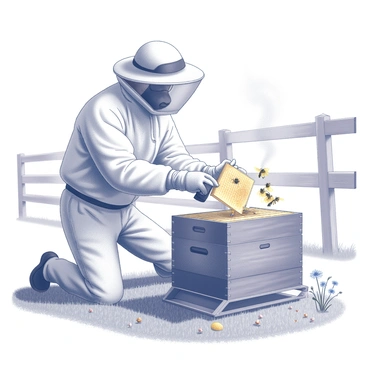 A beekeeper wearing protective gear is carefully tending to a wooden beehive. The beekeeper is using a smoke canister to calm the bees, creating a gentle puff of smoke that drifts into the air. Surrounding the hive, there are several honey-filled frames being removed and inspected. The ranch setting features a grassy area with a few wildflowers nearby, and a rustic fence can be seen in the background. The sun is casting soft shadows, indicating a warm day on the ranch.