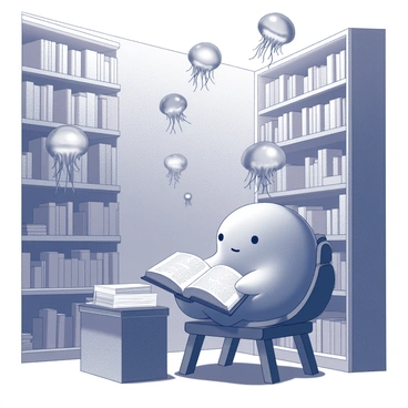 A blobfish sitting on a wooden chair in an underwater library. The blobfish has a rounded, gelatinous body and a subtle facial expression as it focuses on an open book resting on a table. Around the blobfish, shelves filled with various books line the walls of the library. Jellyfish are floating above, emitting a soft glow that illuminates the scene like lamps, with their translucent bodies gently pulsating. The water is clear, allowing for visibility of the intricate details in the library, such as the textures of the books and the delicate features of the jellyfish.