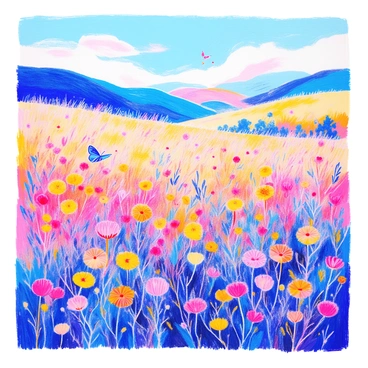 A wild meadow is filled with an abundance of "goldenrod" and various other "wildflowers," creating a vibrant tapestry of colors. The "sunny sky" above is clear and bright, casting warm light across the scene. Gentle breezes cause the flowers to sway slightly, and a few butterflies can be seen fluttering among the blooms. In the distance, there are "rolling hills" that provide a natural backdrop to the expansive meadow. The overall atmosphere is lively and inviting, with the flowers contributing to a rich, textured landscape.