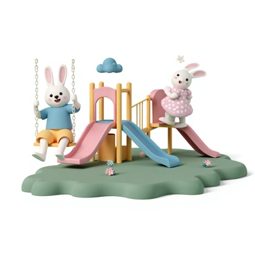Two Maileg bunnies, one wearing a blue shirt and yellow shorts and the other in a pink dress with white polka dots, are playing joyfully in a bright and colorful playground. The first bunny is seated on a swing, holding onto the chains with its ears flopping in the breeze, while the second bunny is climbing up a slide, looking back and laughing. The playground is filled with vibrant equipment, including a red slide, a yellow swing set, and a green sandbox, all set against a clear blue sky. Lush green grass surrounds the playground, with a few colorful flowers dotting the landscape.