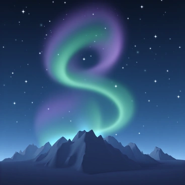 A night sky filled with vibrant "northern lights," exhibiting a cascade of colors in shades of green, purple, and blue. The lights are gracefully arching and swirling, creating a dynamic visual effect. Below, a silhouette of a rugged mountain range stretches across the horizon, contrasting against the bright display above. Stars twinkle in the clear night sky, adding depth to the scene.