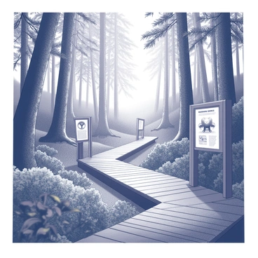 A wooden boardwalk meanders through a dense rainforest, surrounded by tall trees with thick trunks and broad leaves. Along the path, informative signs display facts about conservation efforts, including illustrations of endangered species and descriptions of local flora. The ground is covered in a blanket of lush green ferns and small plants, while the distant sounds of wildlife create an immersive atmosphere. The sunlight filters through the canopy, casting soft shadows on the boardwalk, inviting visitors to explore and learn about the importance of preserving this vibrant ecosystem.