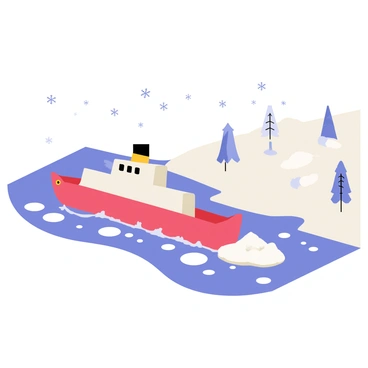 An icebreaker ship with a red hull and a white superstructure is making its way through a frozen river. The ship is pushing through a thick layer of ice, creating a clear path as chunks of ice float aside. The surrounding landscape consists of snow-covered banks, with scattered snowdrifts and frozen trees lining the river. Flakes of snow gently fall from a gray sky, adding to the winter atmosphere.