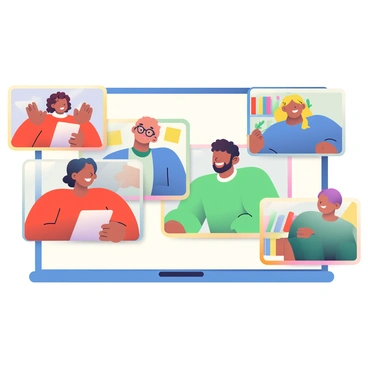 A group of five team members is participating in a virtual brainstorming session via video conference. Each member is displayed in individual boxes on the screen. The first person, a woman with curly brown hair, is wearing a red shirt and is holding up a notepad. The second member, a man with short black hair, is wearing glasses and a blue sweater, leaning in intently. The third member, a woman with blonde hair tied back in a ponytail, is smiling and gesturing with her hands. The fourth person, a man with a beard and a green t-shirt, is sitting in front of a bookshelf filled with colorful books. The fifth member, a woman with short purple hair, is sitting in a bright room with a plant in the background. All team members are engaged in discussing ideas, with colorful sticky notes visible on a virtual whiteboard in the background.