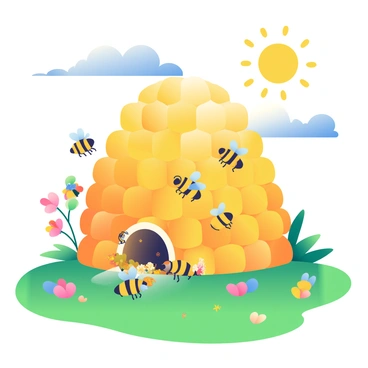 A large, round beehive made of hexagonal wax cells is depicted in a vibrant green meadow. Numerous bees with black and yellow stripes are flying around the hive, some entering and exiting through small openings. Several bees are seen gathering nectar from nearby colorful flowers that dot the landscape, while others are busy inside the hive, tending to baby bees and storing honey. The sun is shining brightly, casting warm light on the scene, and a few wispy clouds are visible in the blue sky above.