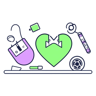 An illustration displaying a selection of biomedical implants arranged on a flat surface. In the center, there is a heart valve, featuring a circular shape with flaps for flow regulation. To the left, a pacemaker is shown, characterized by its compact rectangular body with connecting wires extending from it. Surrounding these central items, there are additional implants including a hip joint replacement with a metallic ball and socket design, as well as a stent that appears tubular and mesh-like. Each implant is depicted with intricate details to highlight their unique structures and functions.
