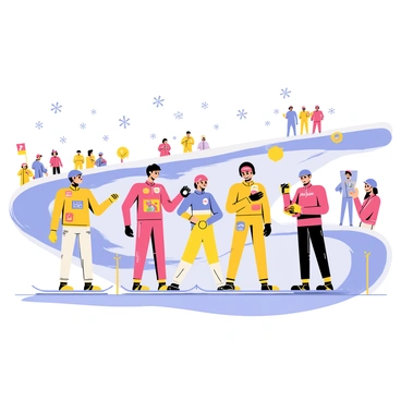 A team of luge athletes standing at the starting line of an icy track. The athletes are dressed in colorful racing suits, each featuring unique designs and logos. They are adjusting their helmets and checking their sleds, which are sleek and shiny. The icy track winds downhill in front of them, glistening under bright lights. Spectators in the background are watching eagerly, some holding flags and banners to cheer on the athletes. Snowflakes gently fall from the sky, creating a dynamic and competitive atmosphere.