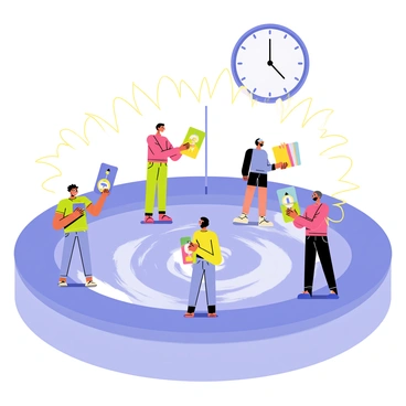 A time-bending arena with a circular shape and a glowing, swirling floor that shifts in colors from blue to purple. Players, depicted as diverse cartoon characters, stand at various points in the arena, each holding a stack of colorful cards. The cards feature vibrant illustrations of clocks, hourglasses, and lightning bolts. Above the arena, a large, translucent clock ticks away, its hands moving erratically, symbolizing the manipulation of time. Energy waves radiate from the cards as players activate them, creating bright trails of light that arc through the arena, emphasizing the dynamic nature of the gameplay.