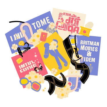 A montage of movie posters featuring vibrant colors and iconic titles. Each poster displays different classic films, with distinct designs: one might showcase a heroic character in action, another could feature a romantic scene with a couple. The posters overlap in a dynamic way, creating a collage effect. Elements such as film reels, popcorn, and 3D glasses surround the posters, enhancing the cinematic theme. The overall composition captures the essence of classic cinema through bold imagery and recognizable symbols.