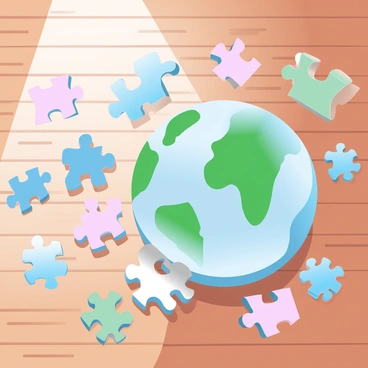 A partially completed jigsaw puzzle shaped like a globe is displayed on a wooden table. The puzzle pieces are scattered around, with some pieces already fit together, showcasing various regions of the world. The colors of the pieces are vibrant, featuring shades of blue for oceans and green and brown for landmasses. A few pieces are turned over, showing their plain cardboard backs. A soft light from a nearby window casts gentle shadows on the table, enhancing the details of the puzzle pieces.